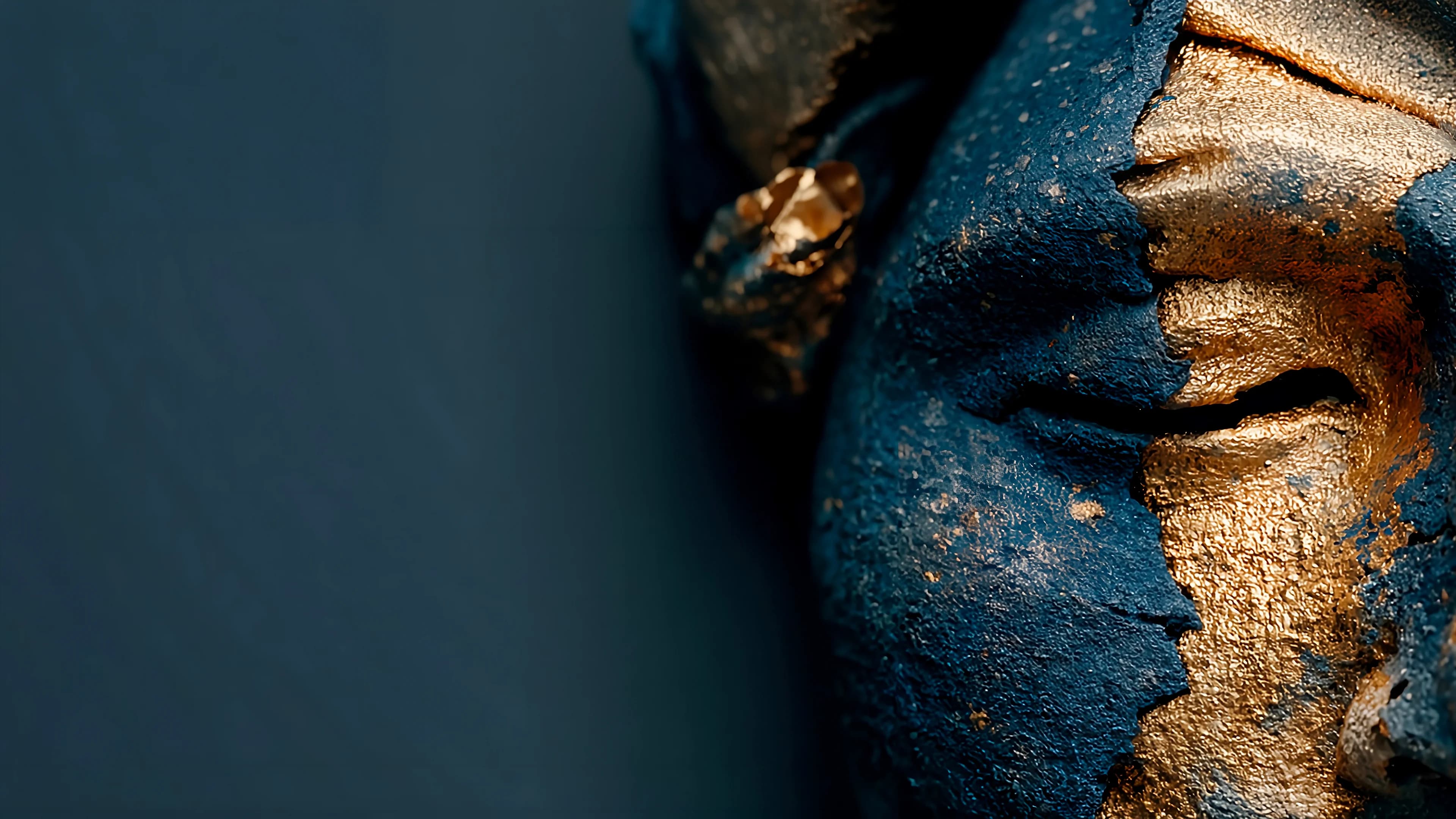 Maschera teatrale a doppia metà: lato sinistro in finitura blu profondo, lato destro in foglia d'oro